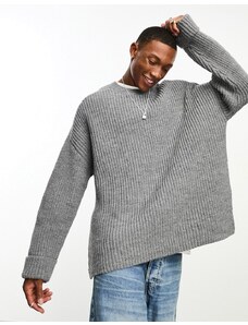 ASOS DESIGN - Maglione in misto lana pesante grigio chiaro a coste con spacchi laterali
