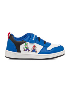 Sneakers primi passi blu e bianche da bambino con stampa Super Mario