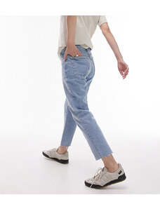 Topshop Petite - Jeans dritti cropped a vita medio alta candeggiati con bordi grezzi-Blu
