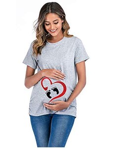 PANGCONK - Maglia da allattamento a maniche corte per gravidanza, confortevole e con cuore impronta del piede grigio L