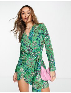Never Fully Dressed - Vestito corto a portafoglio verde smeraldo con laccetti e stampa leopardata