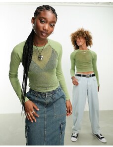 Reclaimed Vintage - T-shirt unisex verde in tessuto a rete con maniche raglan