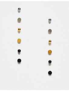 ASOS DESIGN - Set da 6 paia di orecchini a bottone in acciaio inossidabile resistente all'acqua color argento, oro e nero opaco-Multicolore