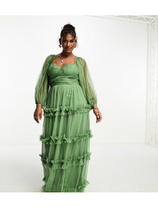 Lace & Beads Plus - Vestito lungo verde oliva con volant e maniche trasparenti