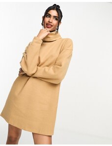 ASOS DESIGN - Vestito maglia corto dolcevita corto color cammello super morbido con maniche voluminose-Brown