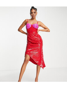 Esclusiva Lace & Beads - Vestito midi rosso con paillettes e coppe a contrasto-Multicolore