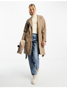 Pieces - Cappotto oversize color cammello con cintura e colletto-Neutro