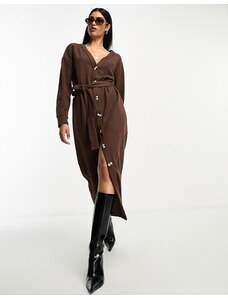 ASOS DESIGN - Vestito cardigan lungo super morbido con bottoni e cintura color cioccolato-Brown