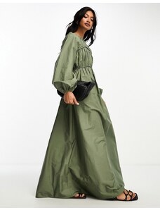 ASOS DESIGN - Vestito lungo in popeline di cotone con bustino arricciato color oliva-Verde