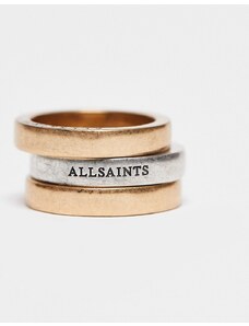 AllSaints - Confezione da 3 anelli a fascia in tonalità miste oro e argento
