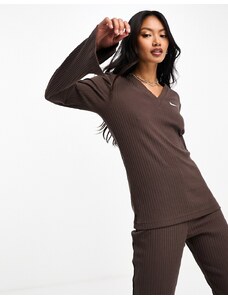 Nike - Top a maniche lunghe appariscente in jersey marrone barocco a coste con scollo a V-Brown