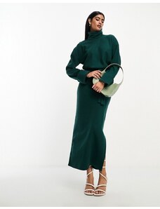 ASOS DESIGN - Vestito maglia lungo accollato verde pino super morbido con maniche voluminose e cintura