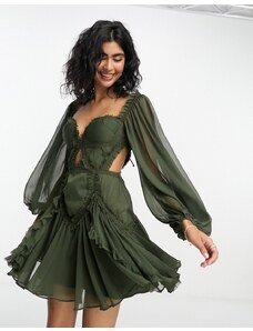 ASOS DESIGN - Vestito corto a maniche lunghe stile corsetto arricciato verde bosco con cut-out