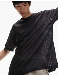 Topman - T-shirt oversize in rete e pelle sintetica nera-Nero
