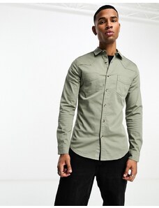 ASOS DESIGN - Camicia in denim slim stile western kaki con cuciture a contrasto-Verde