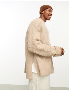 ASOS DESIGN - Maglione in misto lana pesante color avena a coste con spacchi laterali-Bianco