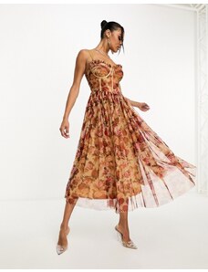 Lace & Beads - Vestito midi in tulle con corsetto e stampa di rose-Rosa