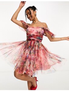 Lace & Beads - Vestito corto in tulle con stampa a fiori e spalle scoperte-Multicolore