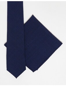 Noak - Cravatta sottile e fazzoletto da taschino blu con motivo pied de poule