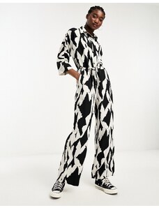Monki - Tuta jumpsuit ampia bianca e nera con stampa astratta-Multicolore