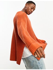 ASOS DESIGN - Maglione in misto lana pesante arancione bruciato a coste con spacchi laterali