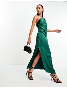Pretty Lavish - Vestito con gonna al polpaccio asimmetrico in raso smeraldo arricciato-Verde