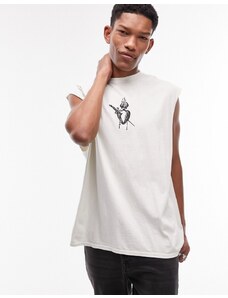 Topman - T-shirt oversize senza maniche écru slavato con ricamo di cuore sacro-Bianco