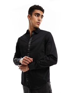 Armani Exchange - Camicia a maniche lunghe in raso nero con colletto