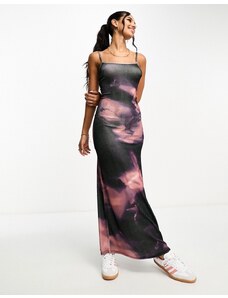 ASOS DESIGN - Vestito lungo sinuoso con spalline sottili viola con stampa astratta tono su tono-Multicolore