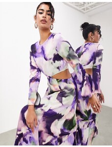 ASOS EDITION - Vestito lungo a maniche lunghe in raso viola con stampa effetto acquerello-Multicolore