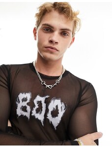 ASOS DESIGN - Halloween - T-Shirt corta attillata a maniche lunghe in rete nera con stampa "BOO" sul petto-Nero