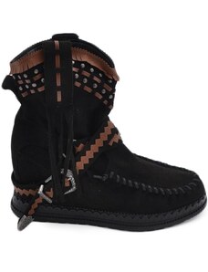 Malu Shoes Stivaletto donna indianini nero scamosciati con frange zeppa interna 5 cm borchie cinturino altezza caviglia moda ibiza