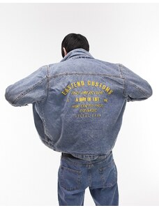 Topman - Giacca di jeans blu lavaggio medio con colletto in pile borg e ricamo
