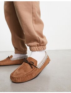 Totes - Pantofole a mocassino color cuoio con interno a quadri-Brown