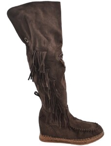 Malu Shoes Stivali donna indianini marrone scamosciati alti sopra al ginocchio frange zeppa interna 5cm cinturino fibbia stemma