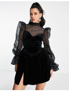 ASOS Luxe - Vestito corto accollato a corsetto con maniche trasparenti nero