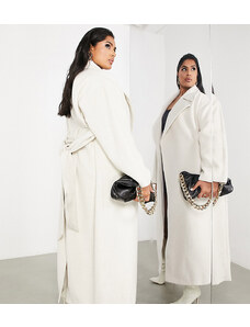 ASOS EDITION Curve - Cappotto in misto lana taglio lungo color crema con cintura-Bianco