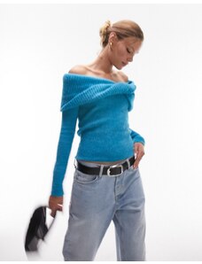 Topshop - Top in maglia spessa blu con scollo alla Bardot intrecciato
