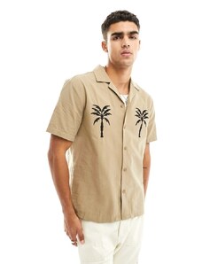River Island - Camicia marrone con palme ricamate