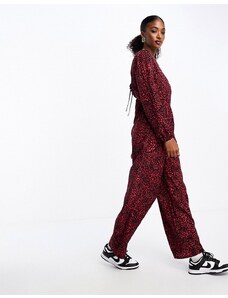 Wednesday's Girl - Tuta jumpsuit con maniche a sbuffo rossa e nera con stampa di cuori allacciata sul retro-Nero