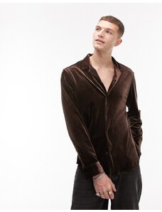 Topman - Camicia a maniche lunghe vestibilità classica in velluto marrone con rever-Brown