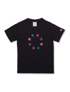 T-shirt nera da bambina con loghi multicolore sul petto Champion