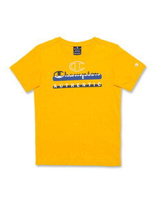 T-shirt gialla da bambino con stampa blu e nera sul petto Champion