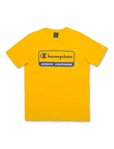 T-shirt gialla da uomo con logo blu sul petto Champion