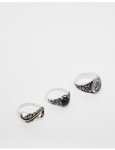ASOS DESIGN - Confezione da 3 anelli misti color argento brunito con pietra e incisioni