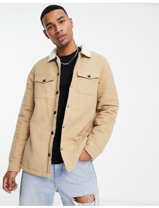 Threadbare - Camicia giacca color cammello foderata in pile borg-Neutro