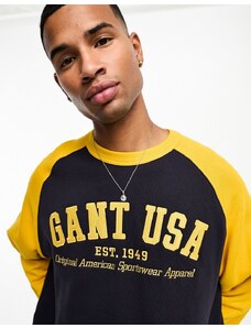 GANT USA - Felpa oversize blu navy/gialla con maniche raglan stile baseball e logo