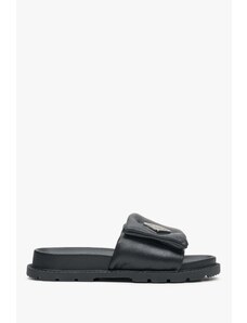 Women's Black Padded Leather Slide Sandals Estro ER00113090