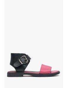 Women's Black & Pink Leather Flat Sandals Estro ER00113116