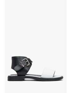 Women's Black & White Leather Flat Sandals Estro ER00113117